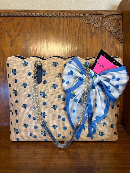 Betsey Johnson Handbags - NWT-Betsey Johnson-Blueberry🫐Embroidered-Large XO Tote-Woven Straw-Natural-$118